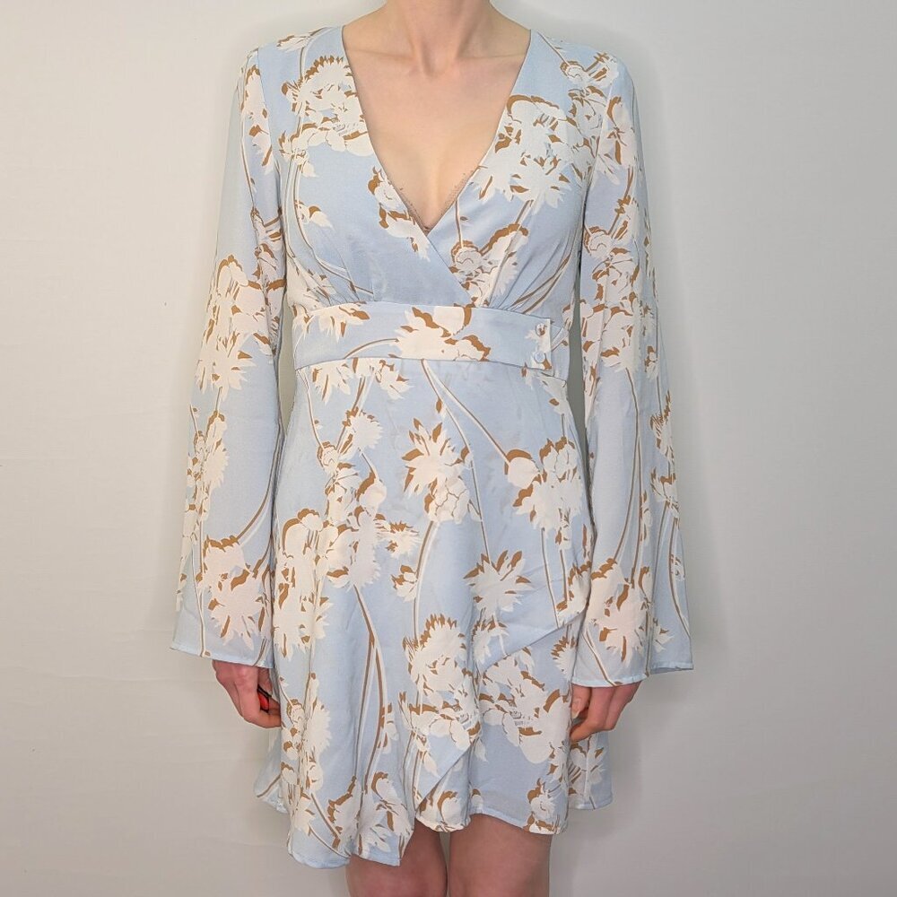 BCBGMAXAZRIA Blue Floral V-Neck Long Sleeve Dress XXS